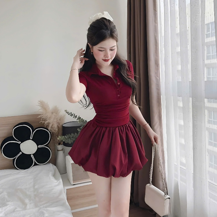 Váy Thun Tăm Cổ Sơ Mi Đính Cúc Phối Thô Dáng Bí Nhún Eo | BigBuy360 - bigbuy360.vn