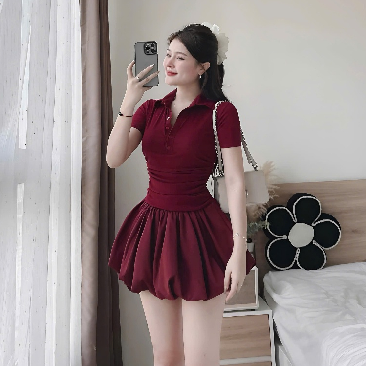 Váy Thun Tăm Cổ Sơ Mi Đính Cúc Phối Thô Dáng Bí Nhún Eo | BigBuy360 - bigbuy360.vn