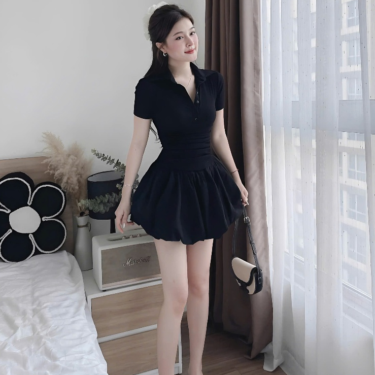 Váy Thun Tăm Cổ Sơ Mi Đính Cúc Phối Thô Dáng Bí Nhún Eo | BigBuy360 - bigbuy360.vn