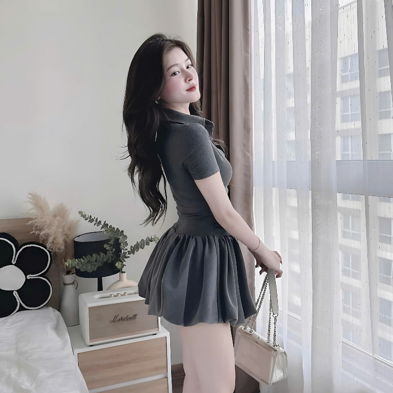 Váy Thun Tăm Cổ Sơ Mi Đính Cúc Phối Thô Dáng Bí Nhún Eo | BigBuy360 - bigbuy360.vn