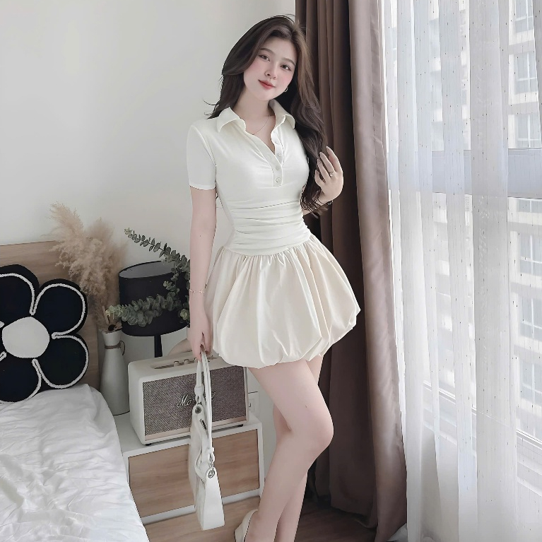 Váy Thun Tăm Cổ Sơ Mi Đính Cúc Phối Thô Dáng Bí Nhún Eo | BigBuy360 - bigbuy360.vn