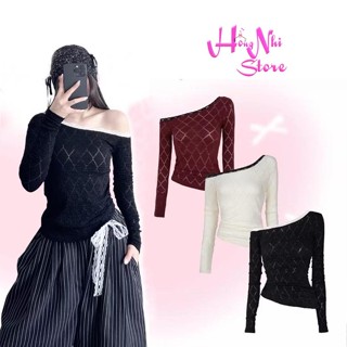 Áo Thun Lệch Vai Tay Dài Dáng Ôm Trễ Vai Chất Ren Xốp Mềm Mịn Siêu Co Giãn - MM Hồng Nhi Store
