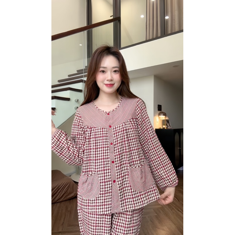 Đồ bộ pijama nhà Lila dài tay áo quần có túi kẻ caro cao cấp mềm mịn, mát khi mặc