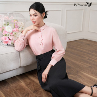 Áo sơ mi lụa đính hoa , Áo cổ đức dáng suông công sở nữ IVY moda MS 17M8554
