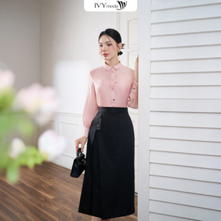 Áo sơ mi lụa đính hoa , Áo cổ đức dáng suông công sở nữ IVY moda MS 17M8554