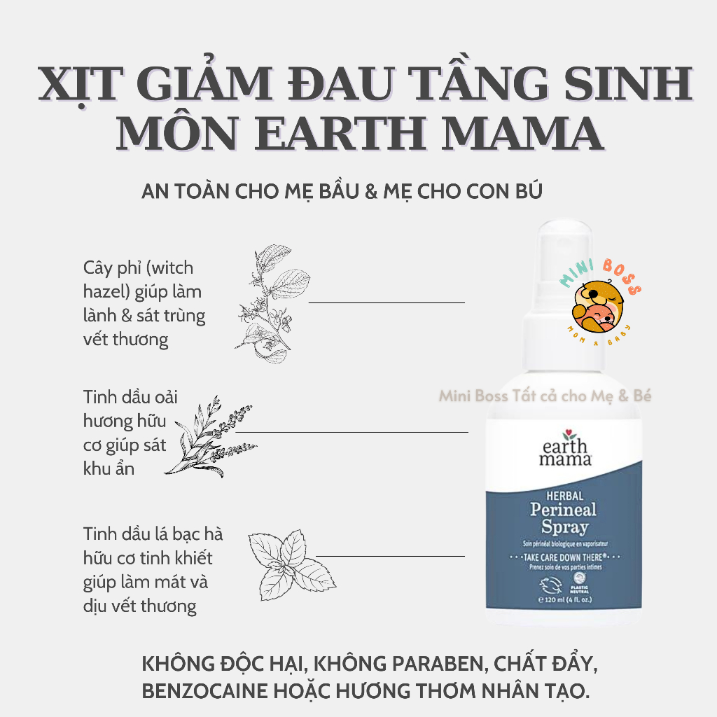   Date 2027 Xịt giảm đau tầng sinh môn trước và sau sinh EARTH MAMA HERBAL SPRAY 120ml. 