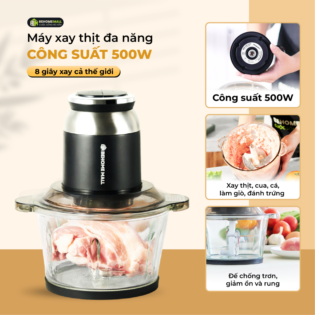    DEAL SOCK BLACK FRIDAY  Máy xay thịt đa năng làm ruốc BehomeMall 500W xay được đồ đông cối thủy tinh 2L BH0806 