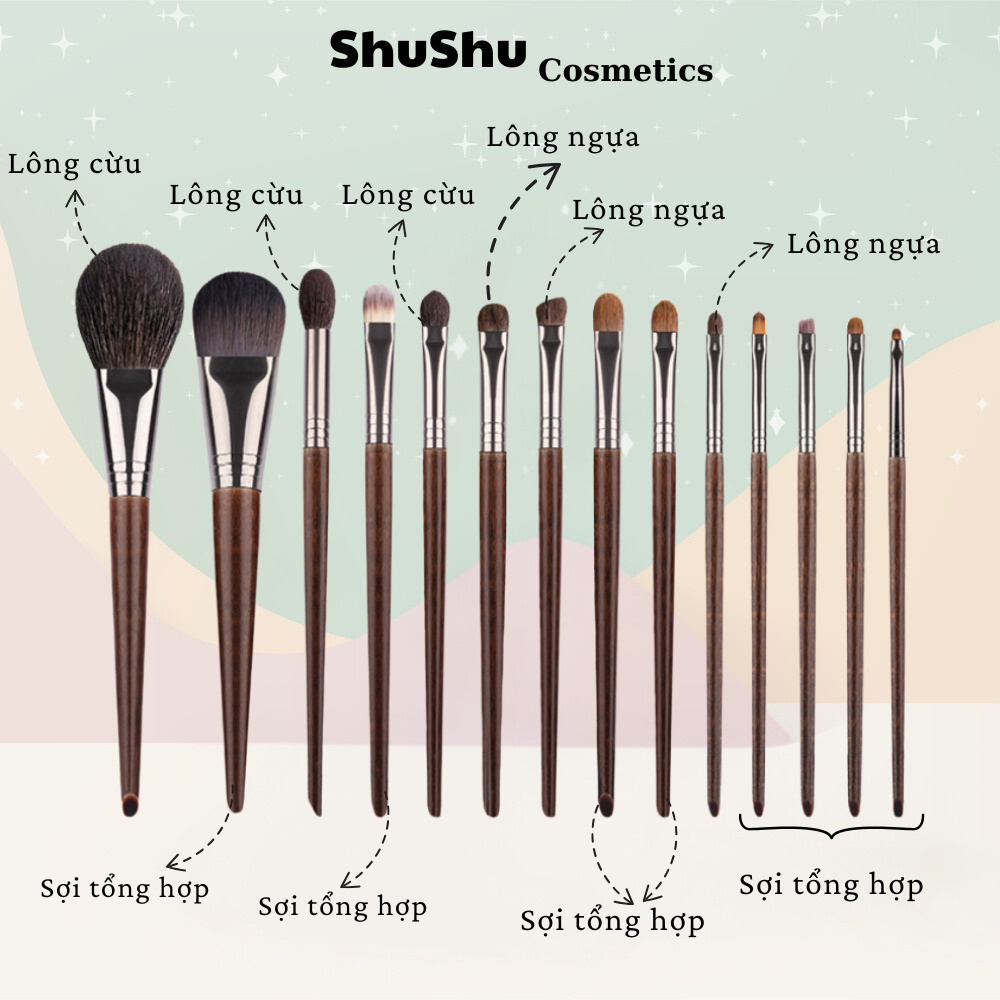 【OVW】Bộ Cọ Trang Điểm 14 Cây Lông Tự Nhiên Mềm Mại Bộ Cọ Makeup Cá Nhân Chuyên Nghiệp SHUSHU COSMETICS