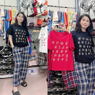 [Size 38kg - 46kg] Áo thun cotton chữ thêu phom rộng