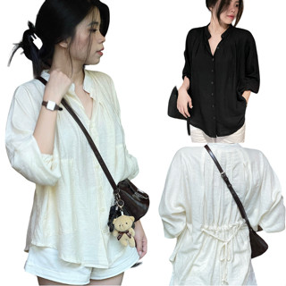 Mã S30 giảm 30k Áo Sơ Mi Linen Nữ Cổ Trụ Dài Tay Thiết Kế Cổ Tàu Thắt Dây Eo Mềm Mại Nữ Tính Boutique