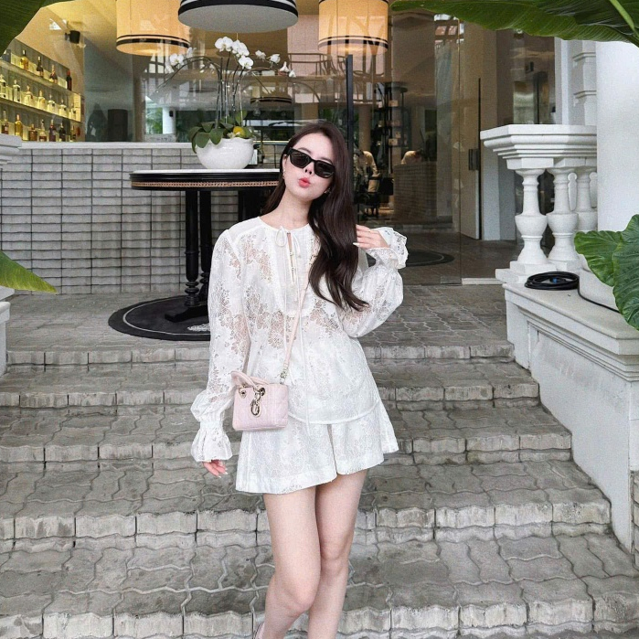 set đồ nữ áo ren dài tay loe mix quần đùi dáng ngắn, set ren mùa hè đi biển thiết kế LYN TỰ MAY LẠI 