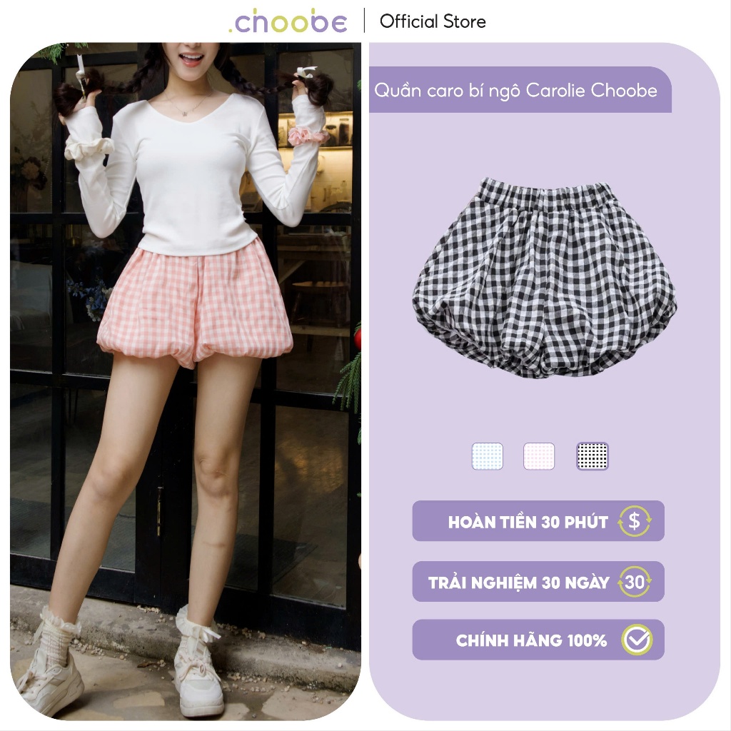 Quần đùi nữ Choobe bí ngô kẻ caro short cạp chun dáng phồng có lớp lót lưng thun co giãn tốt QS20 | BigBuy360 - bigbuy360.vn