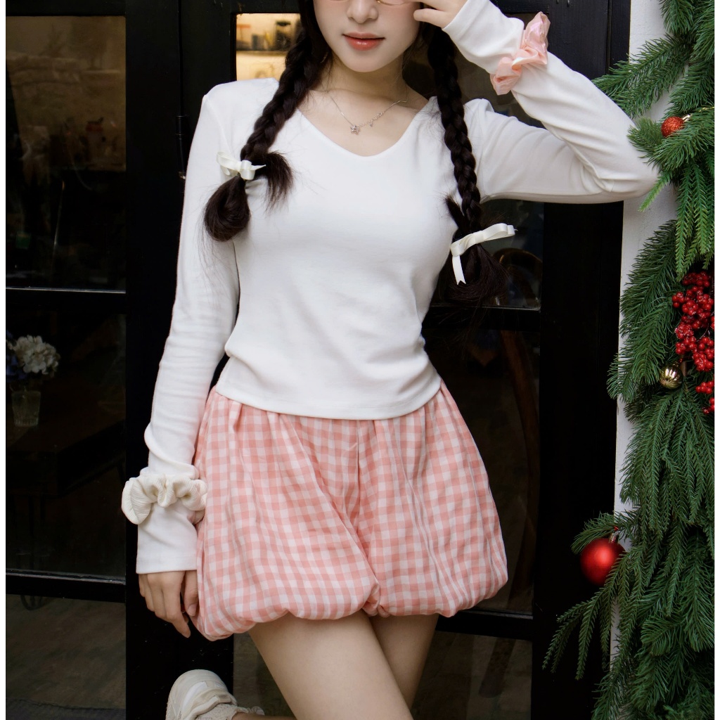 Quần đùi nữ Choobe bí ngô kẻ caro short cạp chun dáng phồng có lớp lót lưng thun co giãn tốt QS20 | BigBuy360 - bigbuy360.vn