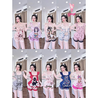 [ Size40-60kg Đồ Ngắn230324 ]Đồ nữ mặc nhà áo tay cánh tiên quần ngắn viền bèo nhúng ngực chất lụa latin cao cấp