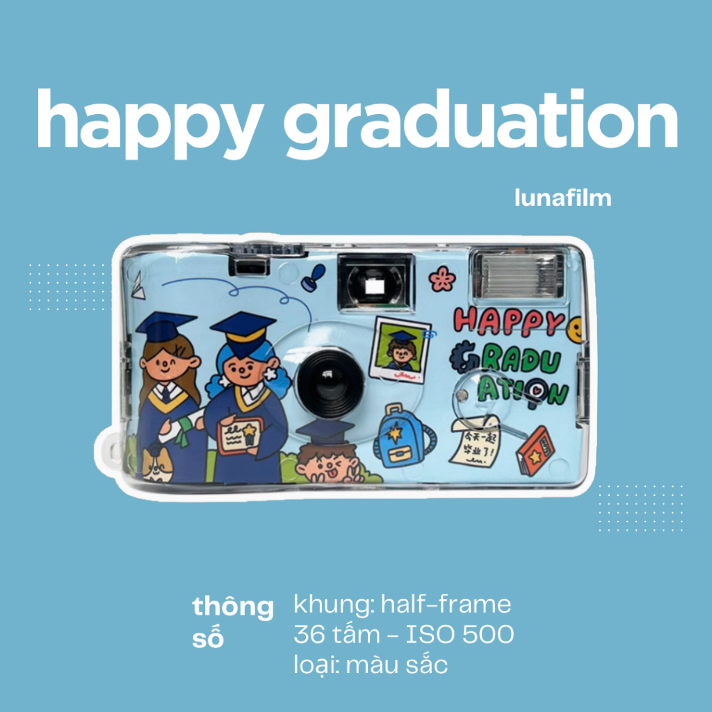 [luna] Máy film một lần 36 tấm ảnh màu halfframe nua khung HAPPY GRADUATION xanh dương ISO 400