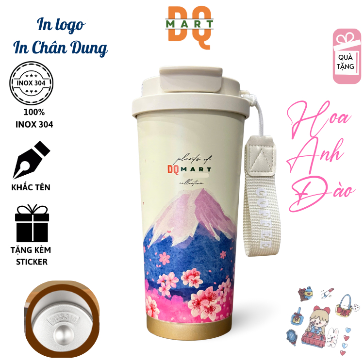 Bình Giữ Nhiệt coffee in hoa DQMart 500ml Inox 316 Sang Trọng Có Ống Hút, khắc tên theo yêu cầu,DQMa