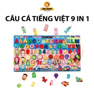  Đồ chơi phát triển trí tuệ bằng gỗ 9 trong 1 Bảng học chữ số đếm ghép hình học động vật câu cá cho bé - SRIMOM 