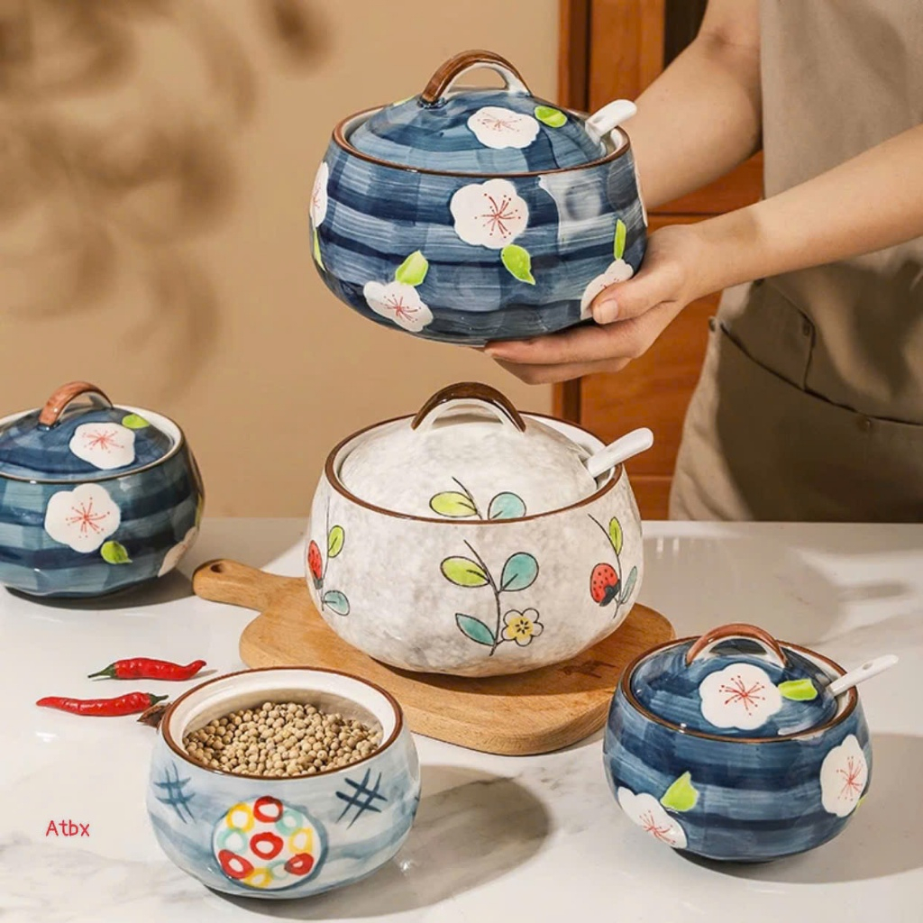 Hũ sứ đựng mỡ - Đựng gia vị 1250ml, kèm thìa