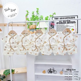 Bộ quần áo sơ sinh ngắn tay thun lạnh khuy chéo nền kem hoạ tiết in tràn đáng yêu cho bé từ sơ sinh đến 9kg