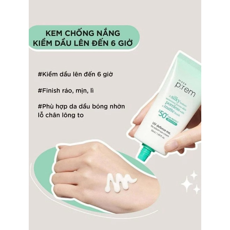 Kem chống nắng Prem KCN Make p:rem UV Defense Me. SPF 50+ chống nắng phổ rộng kiềm dầu nâng tông