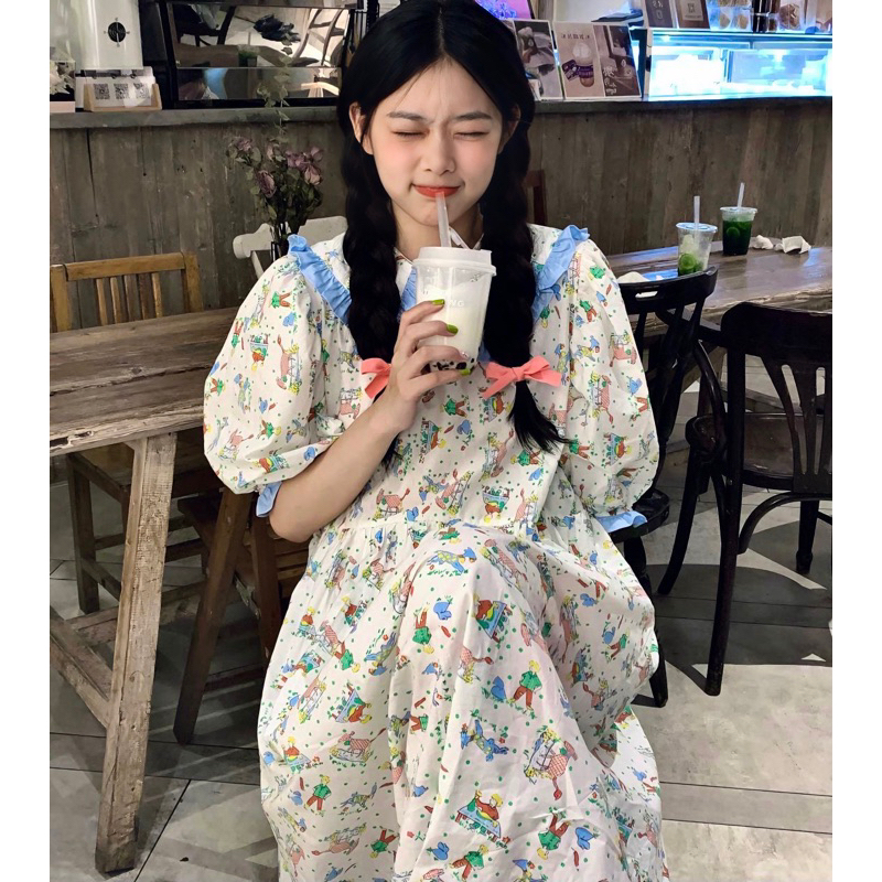 Đầm Tiểu Thư Cổ Búp Bê, Tay Phồng Phong Cách Hàn Quốc
