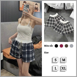 Quần Short Đùi Nữ Kẻ Caro Quần Đùi Cạp Cap Lưng Chun Trắng Có Dây Rút Chất Liệu Dạ Hàn Cao Cấp