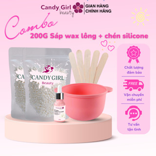 COMBO 200gr Sáp Wax Lông nóng + Chén silicone + Mỡ Trăn CANDY GIRL BEAUTY Cao cấp Tặng kèm que wax 
