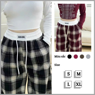 Quần Kẻ Caro Ống Rộng Phối Cạp Trắng Quần Suông Nữ Chất Dạ Mềm Dày Dặn Co Dãn Phong Cách Trẻ Trung Cho Nữ