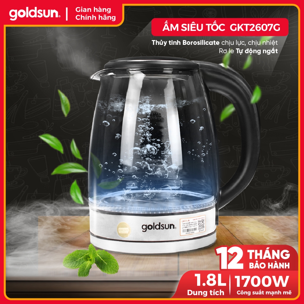 Ấm siêu tốc thủy tinh Goldsun 1.8 lít, công suất 1700W- GKT2607G- Bình siêu tốc tự ngắt- BH12 tháng