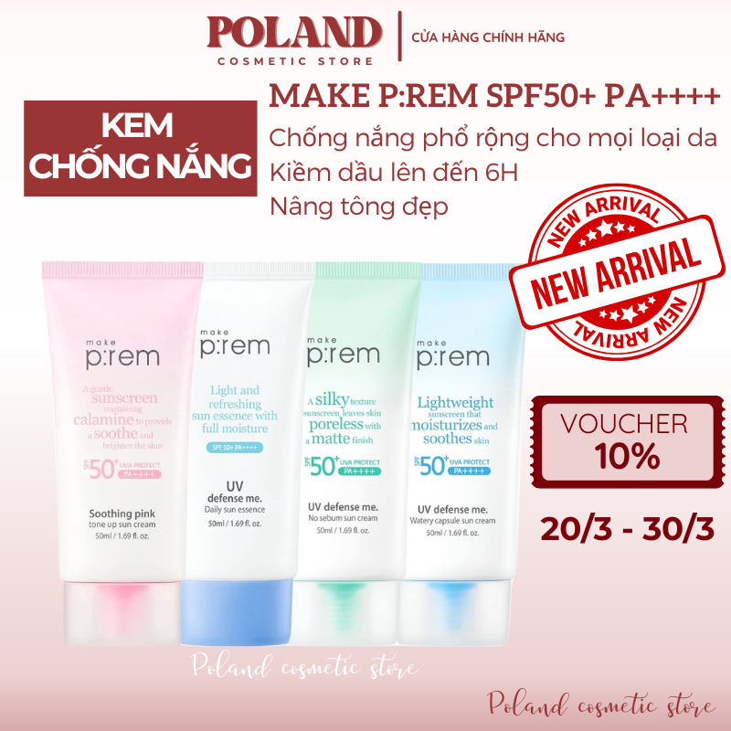 Kem chống nắng Prem KCN Make p:rem UV Defense Me. SPF 50+ chống nắng phổ rộng kiềm dầu nâng tông