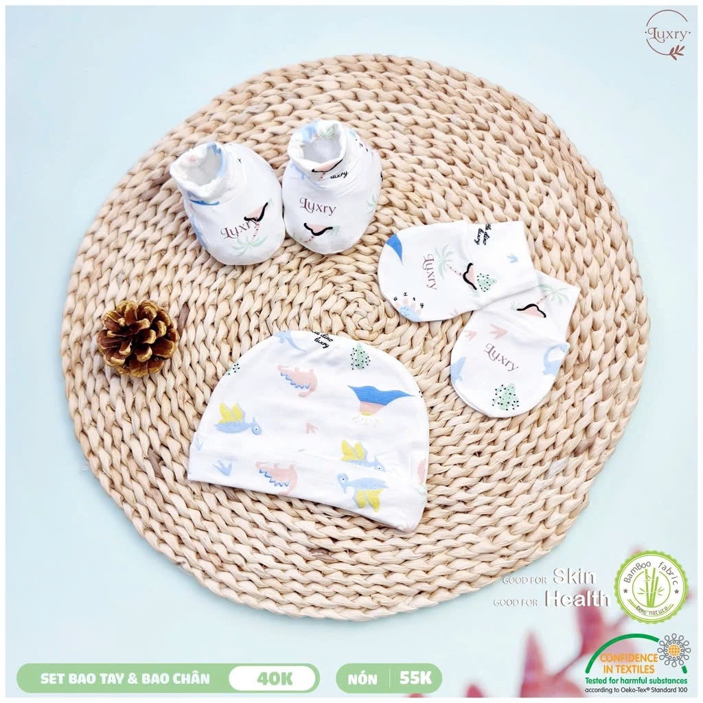Phụ kiện cho bé sơ sinh - Bao Tay Bao Chân, Mũ, yếm Luxry dễ thương từ chất vải sợi tre cao cấp