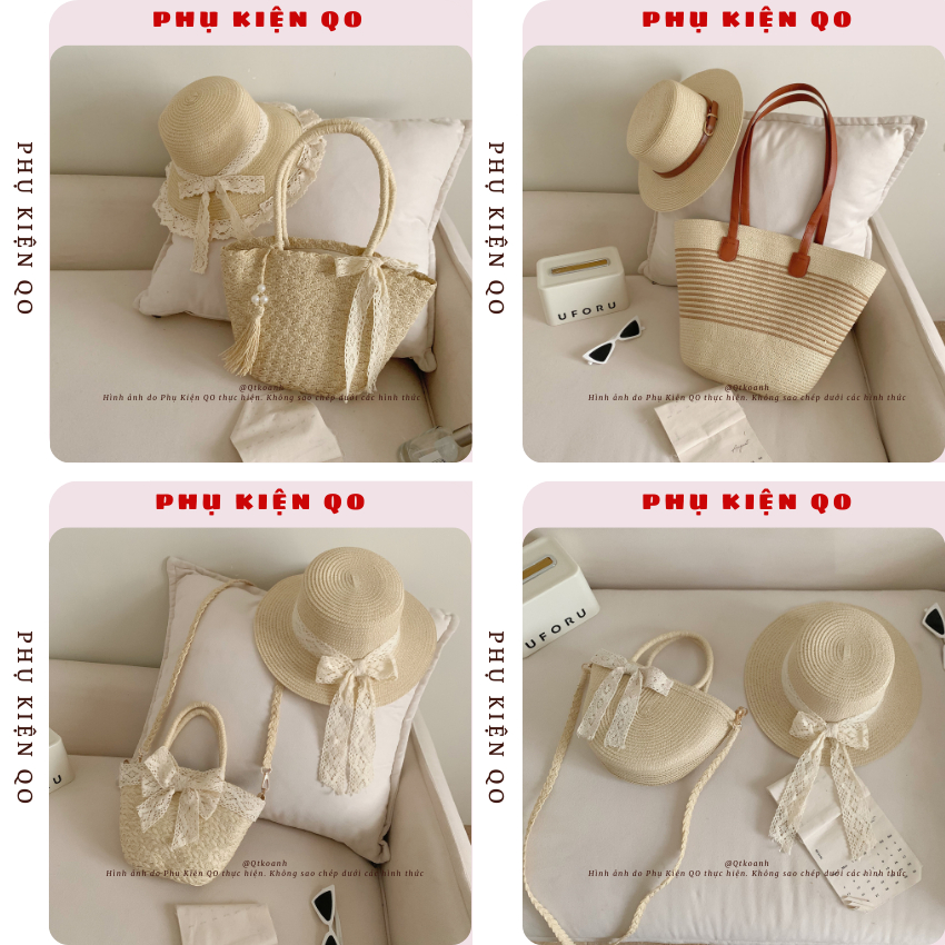 [MỞ BÁN]Combo Túi Cói và Mũ Cói Đi Biển Rộng Vành Sóng Phối Nơ Xinh T17M17