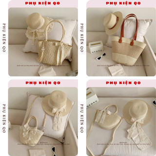 [XẢ HÀNG]Combo Túi Cói và Mũ Cói Đi Biển Rộng Vành Sóng Phối Nơ Xinh T17M17