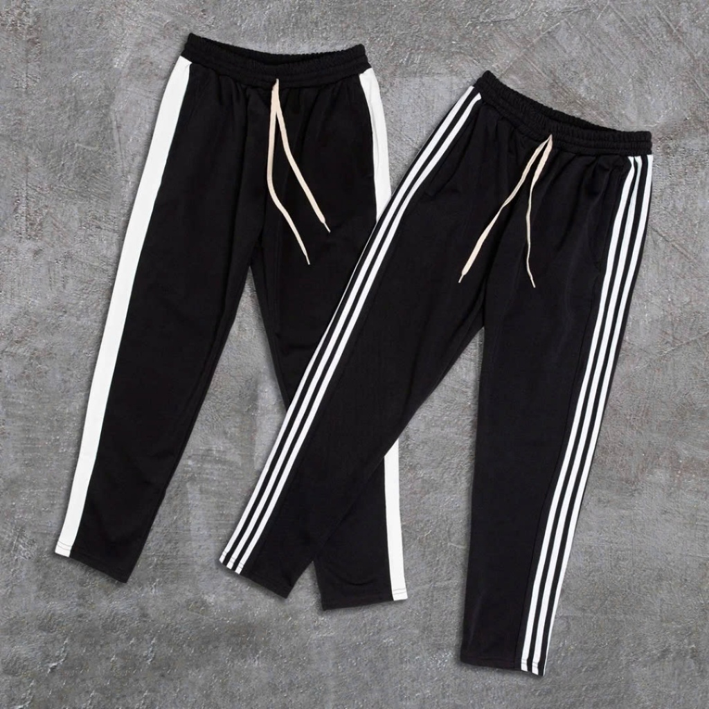 Quần thể dục phói viền dáng dài ống suông và bo gấu kiểu jogger tập gym nam nữ có túi màu đen L1