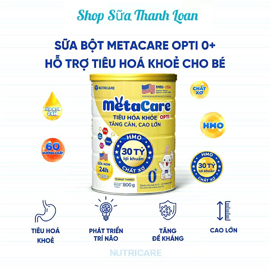 (HSD T4-2028) (Mẫu Mới) Sữa Bột Nutricare MetaCare Opti 0+ 800g (Cho Trẻ Từ 0-12 Tháng).
