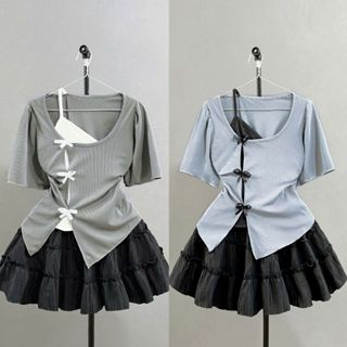  Set bộ Bigsize Nữ áo thun kiểu tay ngắn cách điệu 2 lớp viền gắn nơ phối chân váy chữ A bèo có quần bảo hộ - SET978 