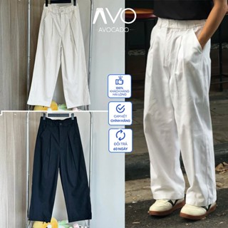 Quần ống Suông Baggy kaki nam nữ ống Xuông rộng Xếp Ly cạp chun Avocado