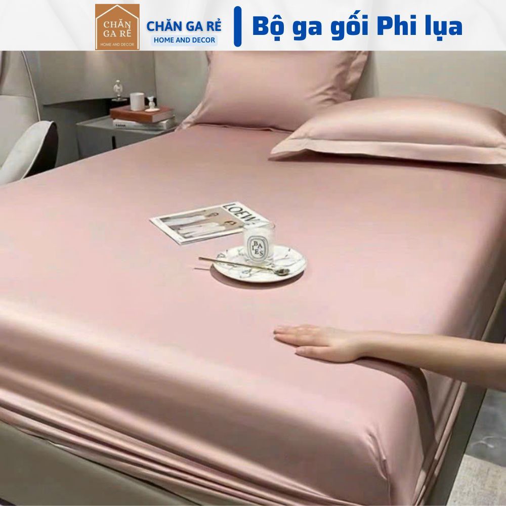 Bộ ga gối 3 món phi lụa bo chun, Set ga gối 3 món phi lụa, vải phi lụa thoáng mát, họa tiết đơn sắc 