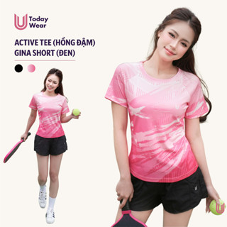 Set bộ đồ cầu lông, chạy bộ nữ áo Active Tee hồng đậm quần Gina Short đen Today U Wear