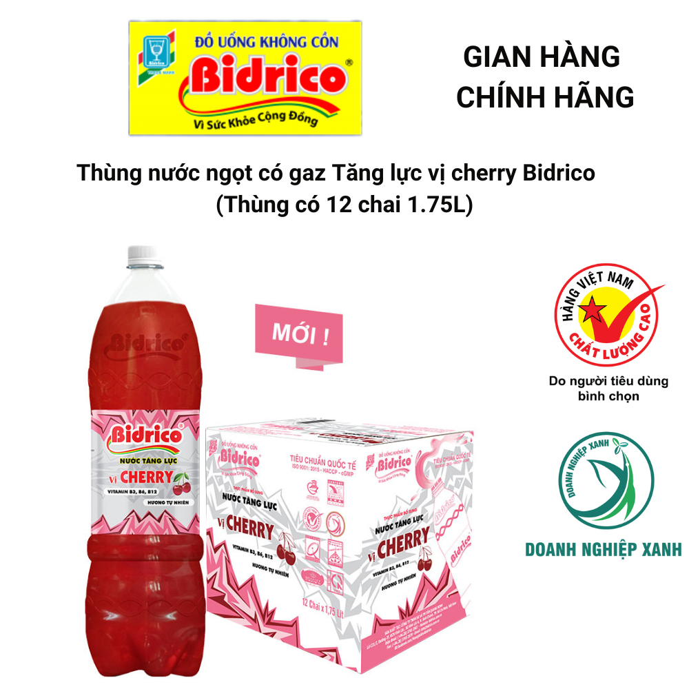 Thùng nước ngọt có gaz Tăng Lực vị Cherry Bidrico ( Thùng 12 chai 1.75L )