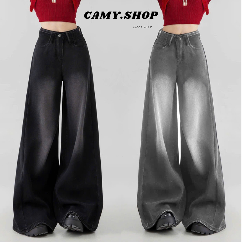 Quần jeans ống rộng suông Unisex CAMY Cạp Cao Tôn Dáng màu Đen Wash, , Quần bò jean Ống suông siêu tôn dáng