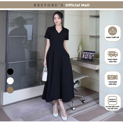 BBSTORE'S Đầm Dài Công Sở Cổ Tim Nửa Lá Cổ Form Xòe Chất Cotton Hàn - D4322B