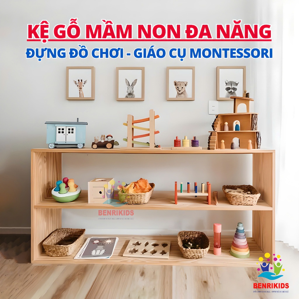 Kệ Mầm Non Montessori Benrikids, Kệ Sách 2 Tầng Kệ Đựng Đồ Chơi Giáo Cụ Trường Mầm Non, Giá Sách Tre