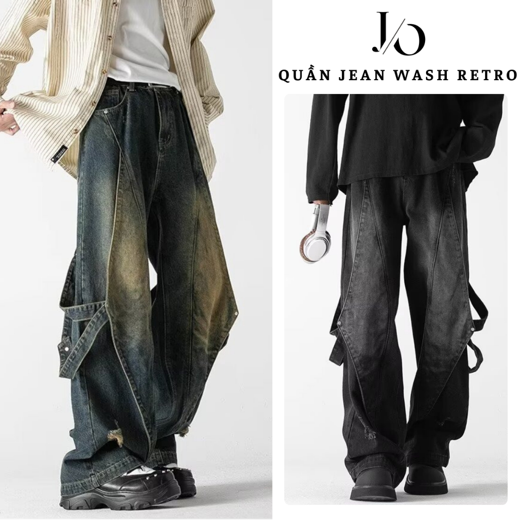 Quần Jean Mang Mực Phối Dây Nam BIGSIZE Suông Ống Rộng Xám Đen WASH RETRO Quần Jean Unisex Phong Cách HIPHOP