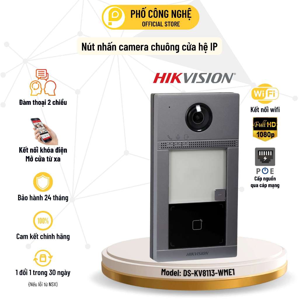 Nút nhấn camera chuông cửa ngoài trời Hikvision DS-KV8113-WME1, có wifi, mở cửa từ xa, App Online
