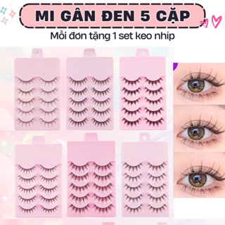 Lông Mi Giả Gân Đen Tự Nhiên Hộp Hồng 5 Cặp/Hộp Tái Sử Dụng Nhiều Lần
