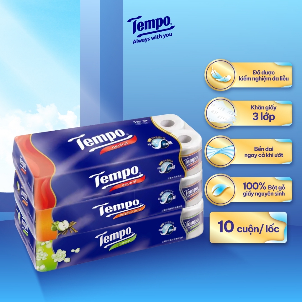 [COMBO 3 LỐC GVS 3 LỚP] Giấy Vệ Sinh Cao Cấp Tempo 3 Lớp Bền Dai An Toàn Cho Da (10 Cuộn)