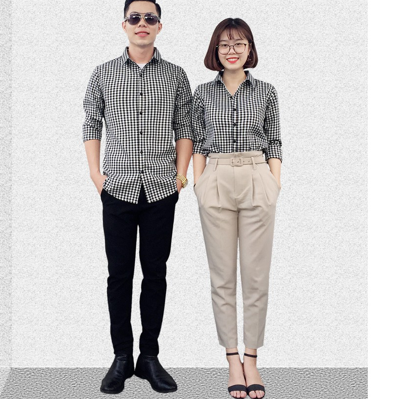 Áo Sơ Mi Cặp Fig Tree Mẫu Sọc Caro Trắng Đen MS 147C