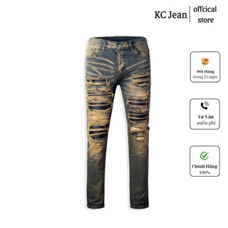 Quần jean nam ống bó streetwear,quần bó nam vá da màu vàng đồng vải denim co giãn form slimfit AM6602