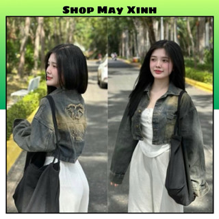 Áo khoác jean nữ dáng croptop thêu chữ paris, Áo khoác bò nữ rách loang màu tay bo chun khoá kéo hót 2024